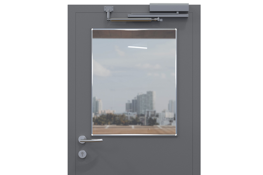 Back check on door that opens outwards with overhead door closer, guide rail on door (inside view) | accessories: 205489, 205514 and 205197