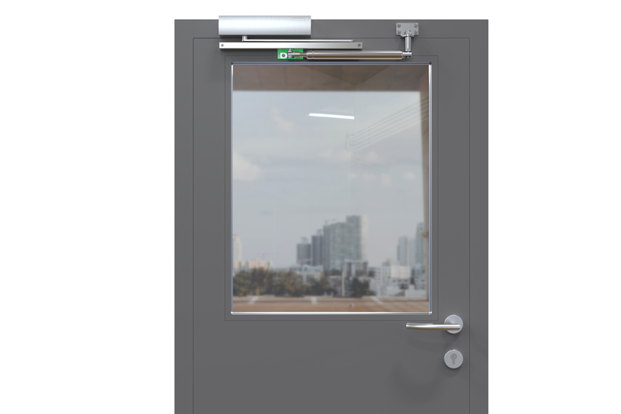 Back check on door that opens outwards with overhead door closer and mounting plate placed on the door (inside view) | accessories: 205489, 205514, 205197 and 205479