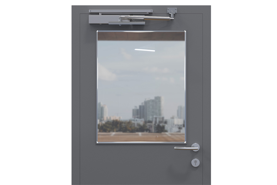 Back check on door that opens outwards with overhead door closer and guide rail on frame (inside view) | accessories: 205489, 205514, 205511 and 205507 or 205508