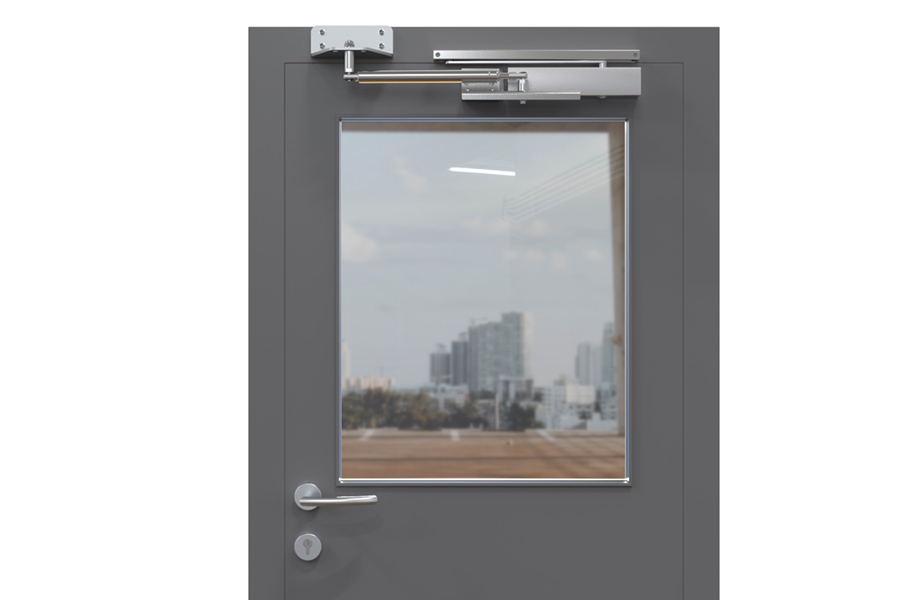 Back check on door that opens outwards, with overhead door closer, two different mounting brackets (inside view) | accessories: 205462W, 205514, 205511 and 205507 or 205508