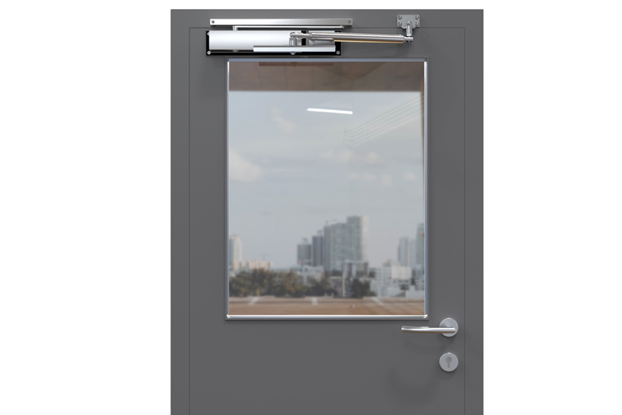 Back check on door that opens outwards with overhead door closer, guide rail on frame and mounting plate provided on site (inside view) | accessories: 205489, 205511, 205514, 205507 or 205508